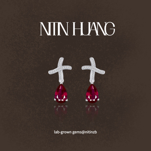 培育红宝石2克拉 素 爆款 T家元 纯银镀金耳钉 耳坠 NITINHUANG