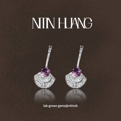 NITIN HUANG圆形玫瑰切培育粉蓝宝石1.2克耳钉裙子通体925纯银镀