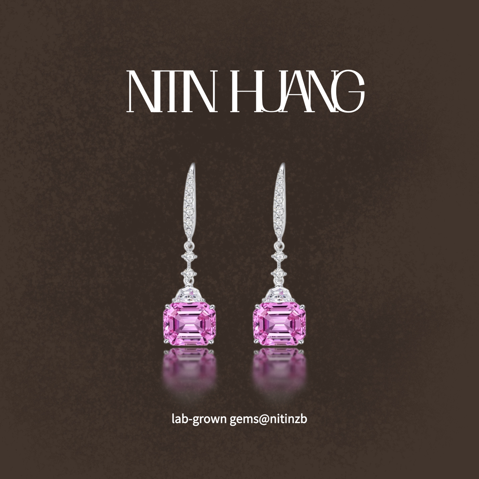 NITIN HUANG培育蓝宝石阿斯切热粉耳坠 925纯银镀真金