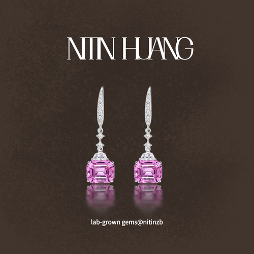 NITIN HUANG培育蓝宝石阿斯切热粉耳坠 925纯银镀真金