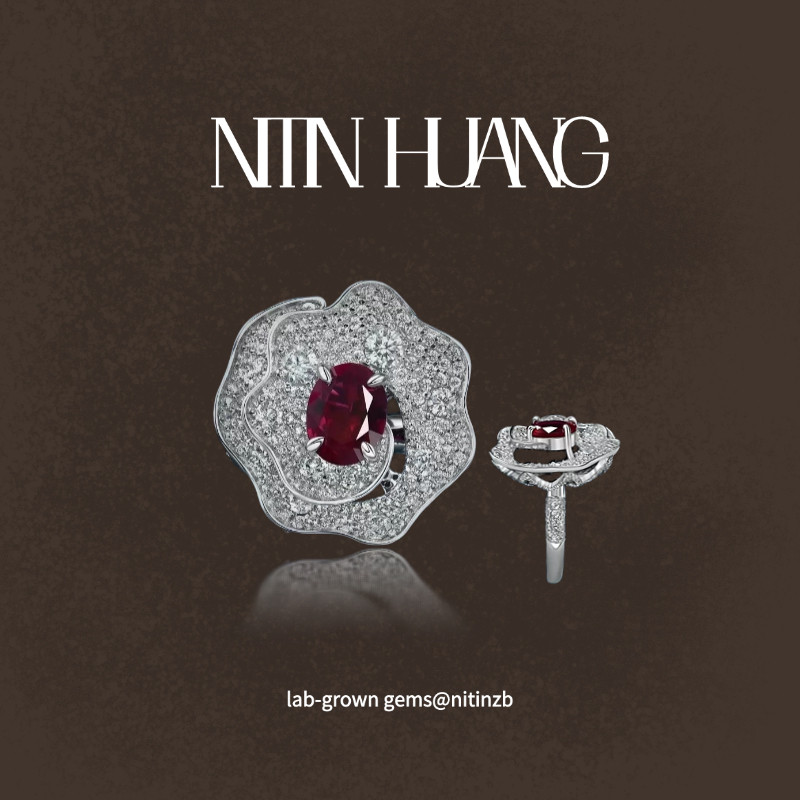NITINHUANG 培育红宝石戒指 通体925银镀金 鸽血红宝石2克拉