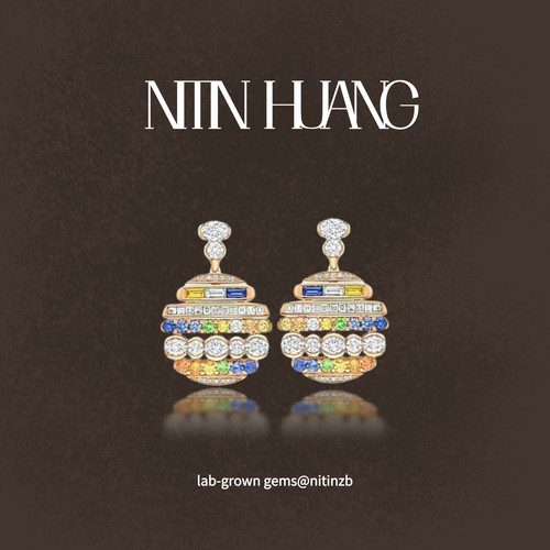 NITIN HUANG培育蓝宝石撞色耳环欧美时尚百搭925纯银镀真金