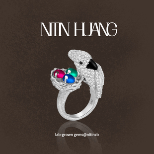 NITIN HUANG培育红蓝宝石祖母绿鹦鹉戒指全白蓝宝石通体银镀金