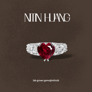 设计戒指女小众 通体925纯银镀真金 NITIN 培育红宝石爱心钻戒