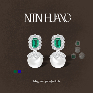 哥伦比亚祖母绿耳钉 合成蓝宝石贝珠耳坠 NITINHUANG 实验室培育