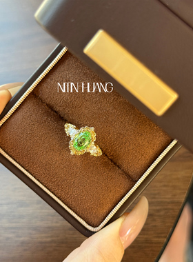 NITIN HUANG 薄荷绿色蓝宝石 复古油画框戒指 通体925 纯银镀金
