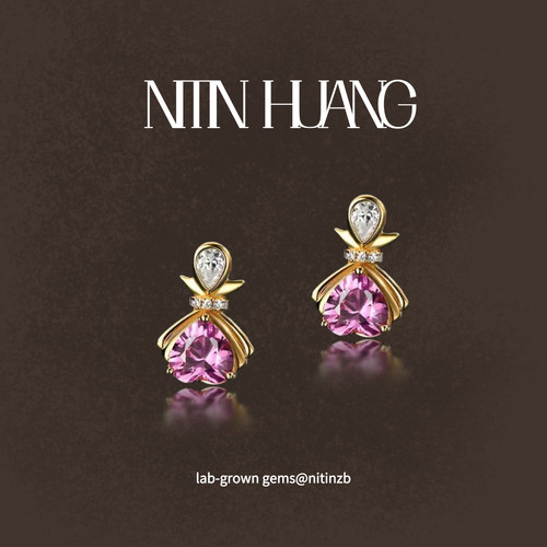 NITIN HUANG培育蓝宝石捧花芭比爱心耳钉通体925纯银镀真金高级感