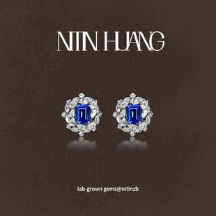 NITINHUANG 925纯银镀真金培育钴尖晶耳钉2克拉矢车菊蓝小妖宝
