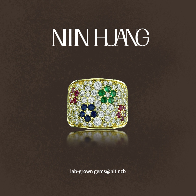 NITINHUANG 培育红宝石 蓝宝石戒指 通体925纯银镀真金 梵克同款