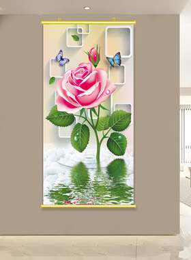 现代装饰画玫瑰花蝴蝶图案悬挂画卧室花开富贵贴画新款吉祥玄关画