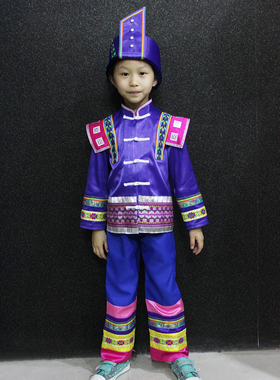 晴焱民族服装 量身定做少数民族仫佬族舞台演出服装蓝色男童套装