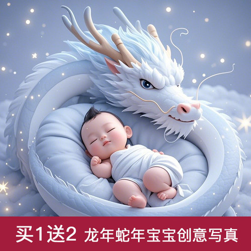 ai龙宝宝满月精修照片修图写真电子照新生儿蛇年背景儿童百天周岁