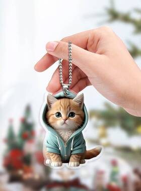 跨境卡通钥匙扣背包吊坠可爱带帽蓝色卫衣小猫挂牌亚克力节日装饰