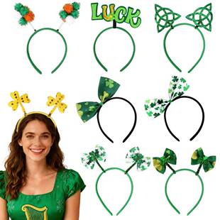 爱尔兰蝴蝶结头箍头扣圣帕特里克节日派对金色绿色三叶草发箍头饰