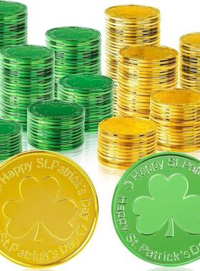 圣帕特里克节日幸运硬币 爱尔兰绿色三叶草塑料金币派对游戏道具
