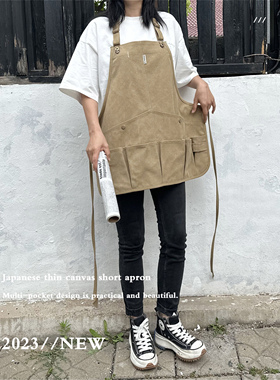 日式咖啡师背带帆布围裙防污奶茶店调酒师专用工作服定制logo印字