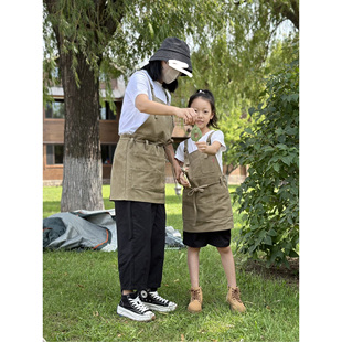 亲子围裙帆布户外做饭画画罩衣手工复古防污围腰儿童定制logo印字