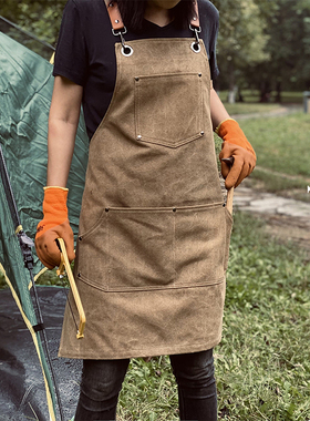 美式简约防污围裙可定制logo咖啡师罩衣理发师帆布油蜡款工作服
