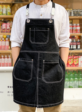 加厚牛仔围裙订做logo印字奶茶店咖啡师理发师时尚罩衣工作服定制
