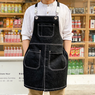 加厚牛仔围裙订做logo印字奶茶店咖啡师理发师时尚 罩衣工作服定制