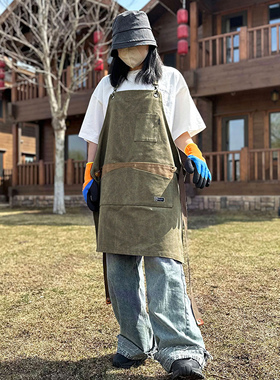 美式帆布围裙咖啡师烘焙店花园艺厨房工作高端双肩可定制logo印字