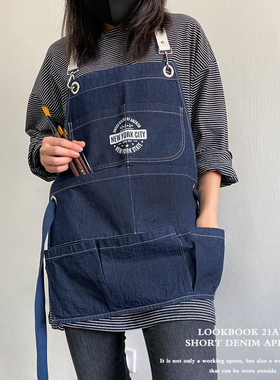 半身牛仔围裙定制LOGO西餐厅烘焙蛋糕店短款服务员多兜工作服罩衣