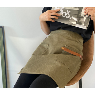 半身围裙女防污复古工装 定制logo印字理发师咖啡师奶茶店工作服男