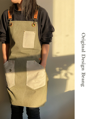 美式帆布围裙定制logo美甲园艺奶茶店理发师罩衣军绿色工作服女
