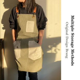 美式 帆布围裙定制logo美甲园艺奶茶店理发师罩衣军绿色工作服女