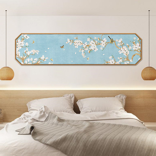 新中国风床头横幅装饰画客厅沙发背景墙卧室墙壁挂画八角形花鸟壁