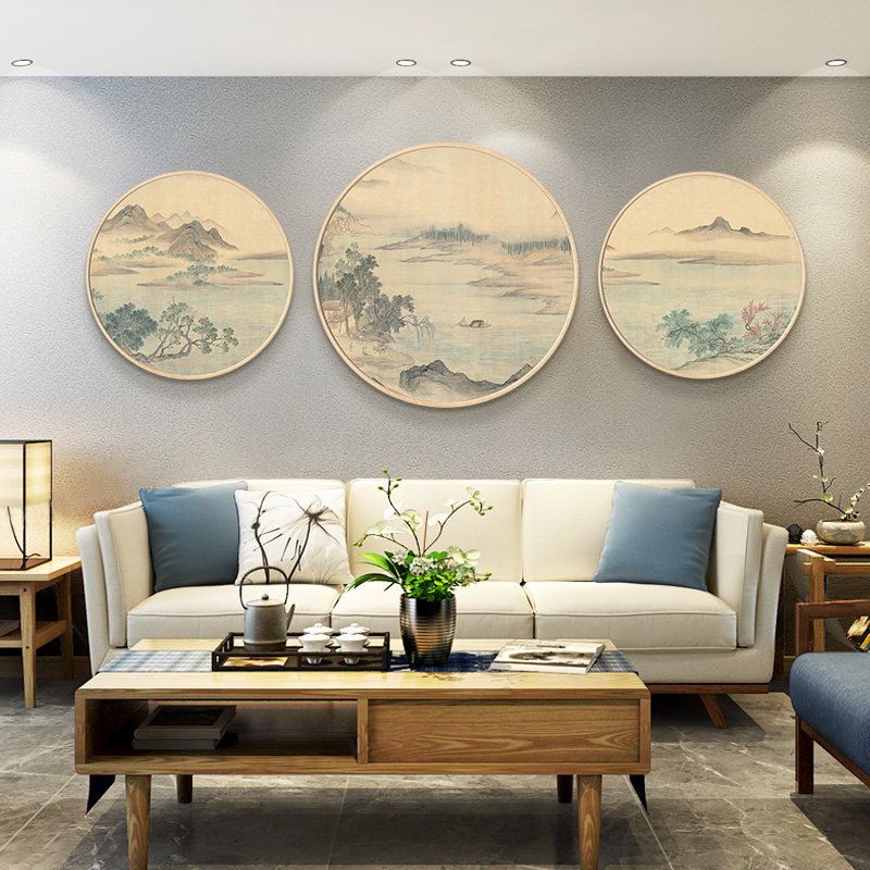 实木圆形水墨山水花鸟国画新中式玄关装饰画客厅背景挂画餐厅壁画