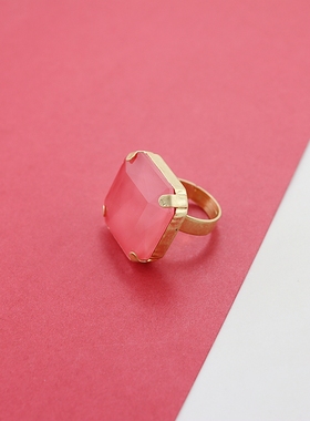 RA欧美镀金方形大红色宝石戒指时尚百搭个性独特气质高级感