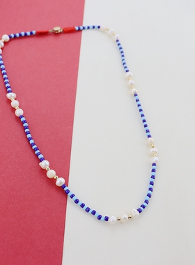 RA欧美蓝色串珠天然珍珠项链精致气质优雅时尚百搭个性ins