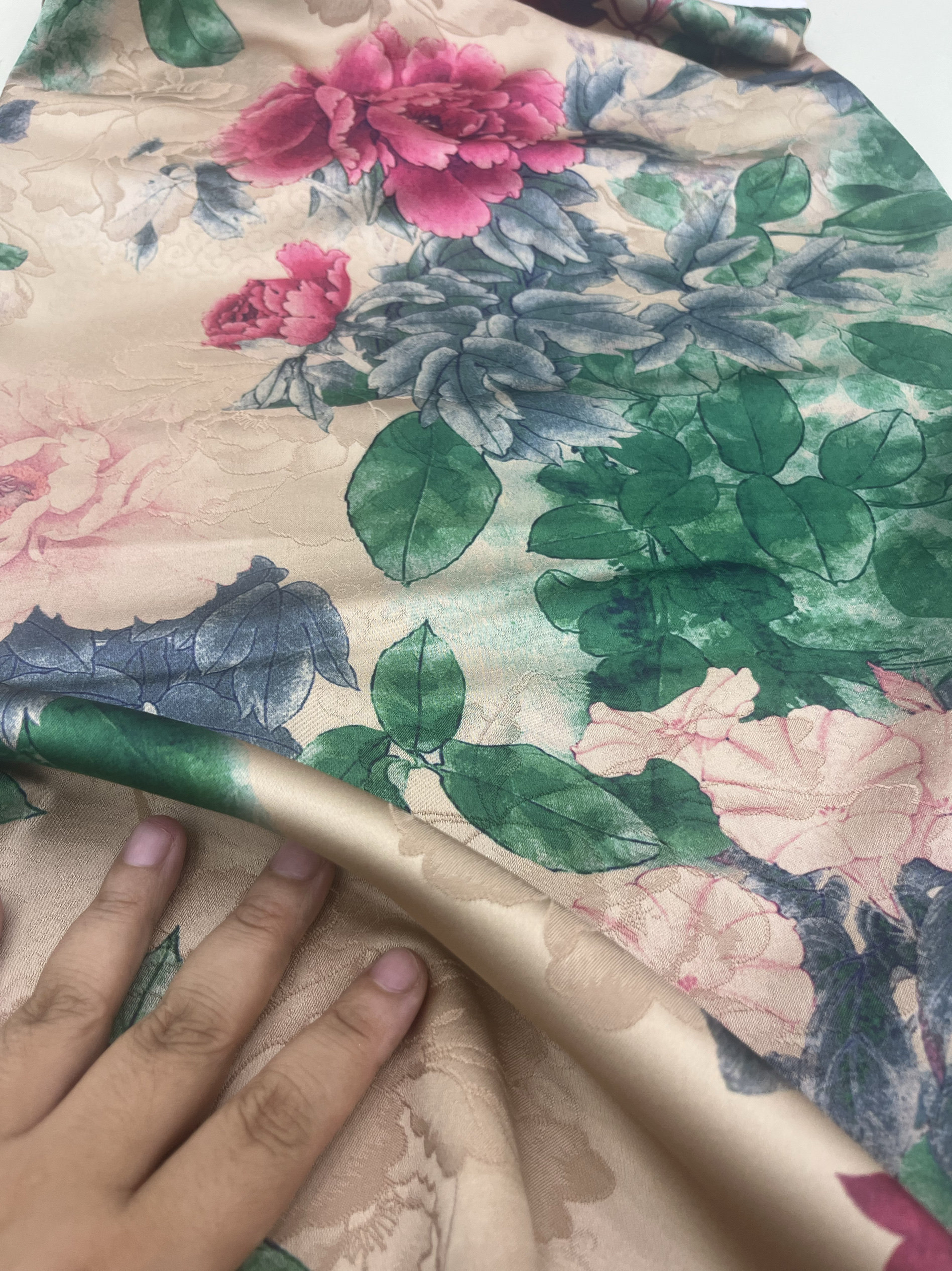 新中式仿香云纱重磅牡丹国风印花半身裙旗袍改良汉裙手工diy面料