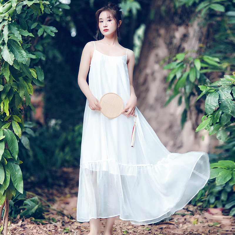 【香云薄纱】复古荷叶边吊带连衣裙女2025春夏季新款宽松雪纺裙,女装/女士精品,连衣裙,淘宝优惠券,粉丝福利购,淘宝优惠卷
