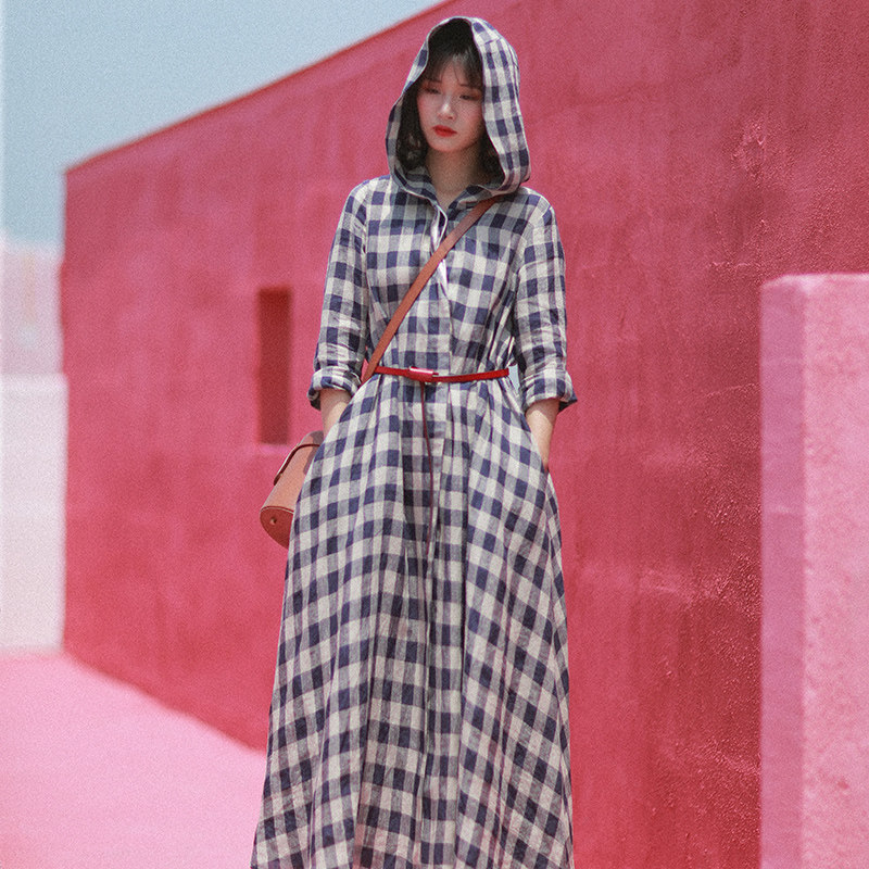 春装格子亚麻长裙风衣外套