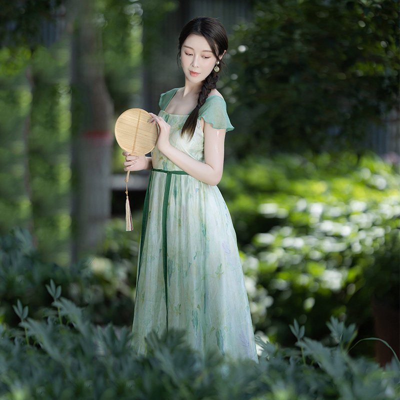 现货【风入松慢】文艺国风印花小飞袖连衣裙女夏季显瘦长裙方领裙,女装/女士精品,连衣裙,淘宝优惠券,粉丝福利购,淘宝优惠卷