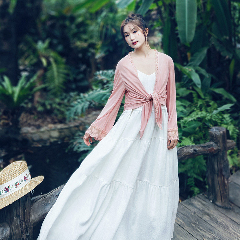 蕾丝花边针织衫白色V领吊带裙女