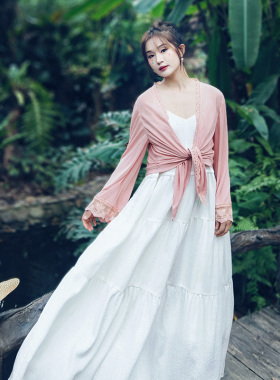 现货【细润如脂】文艺粉色蕾丝花边针织衫白色V领吊带裙女春夏季