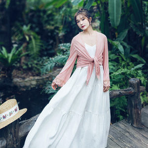 蕾丝花边针织衫白色V领吊带裙女