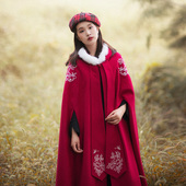 连帽斗篷外搭女 复古长款 5折 秋冬国风红色毛呢外套2025年新款