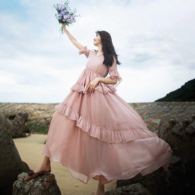 半袖连衣裙女夏薄款拼接长裙