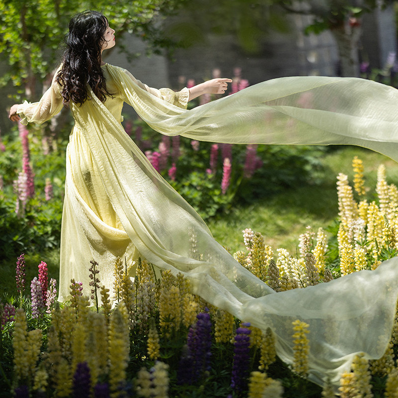 现货【流光梦影】复古V领连衣裙女夏黄色雪纺裙系带收腰裙送披肩,女装/女士精品,连衣裙,淘宝优惠券,粉丝福利购,淘宝优惠卷