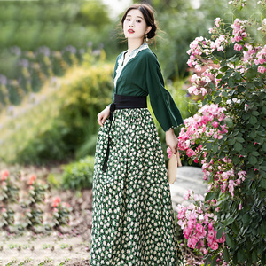 现货【人间小词】复古重工蕾丝花边拼接长裙女春季气质印花连衣裙