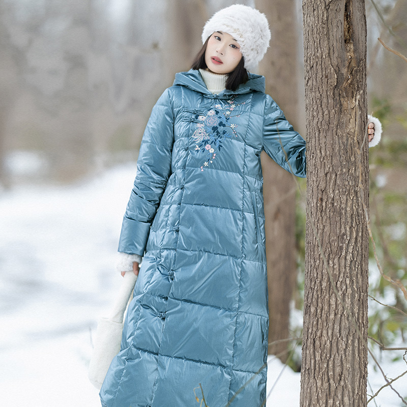 复古连帽国风羽绒服长款女冬季