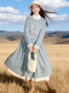 清【和光山语】原创蓝色刺绣风衣女冬季长款仿赖兔毛加绒保暖外套