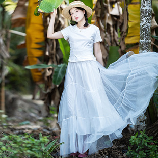 99元 新款 区 春秋季 高腰气质大裙摆纱裙子 网纱白色半身裙女长款