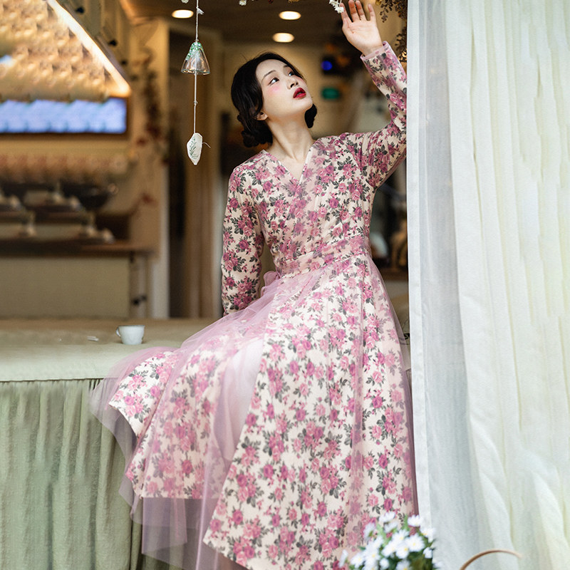 现货【花笺意】灯芯绒网纱连衣裙女早秋开衫式长裙气质紫色印花裙,女装/女士精品,连衣裙,淘宝优惠券,粉丝福利购,淘宝优惠卷