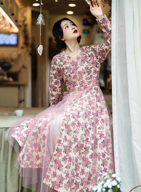 现货【花笺意】灯芯绒网纱连衣裙女早秋开衫式长裙气质紫色印花裙