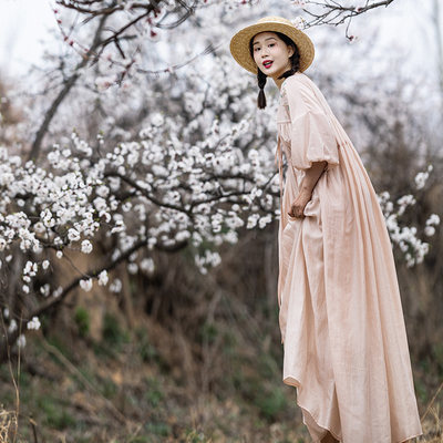 粉色长裙宽松圆领裙子女夏连衣裙